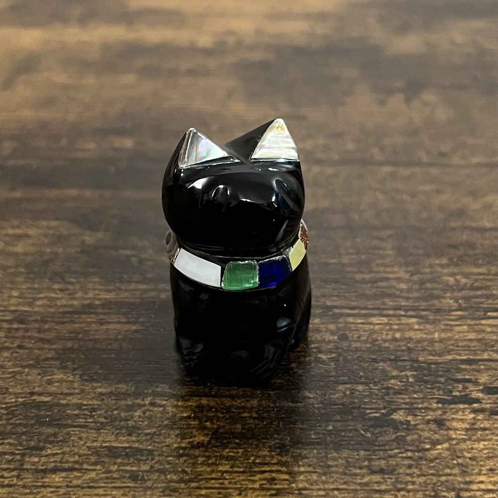 Black Obsidian Cat 3.5" Figurine Abalone Inlay Ears Mosaic Collar